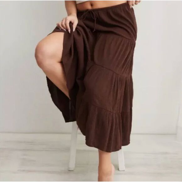 Aerie Beach Club Tiered Maxi Skirt in Dark Maple NWT - Picture 2 of 5
